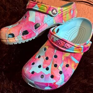 CROCS Tropical Pink & Light Blue Tie-Dye Slip-On Clogs